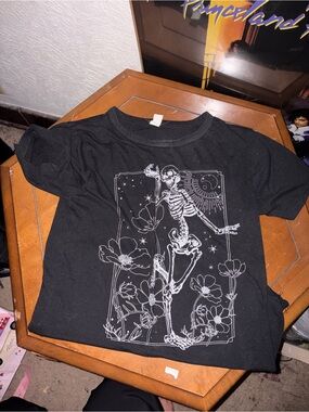 Black Tee with White Dancing Skeleton and Floral Graphic Goth